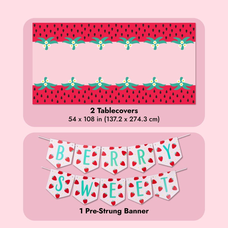 Sparkle and Bash Strawberry Tablecloth & Birthday Party Decorations Set - 87-Piece Pink Daisy-Print Plates, Cups, Napkins & Favor Boxes - Banner & Party Supplies - Image 4